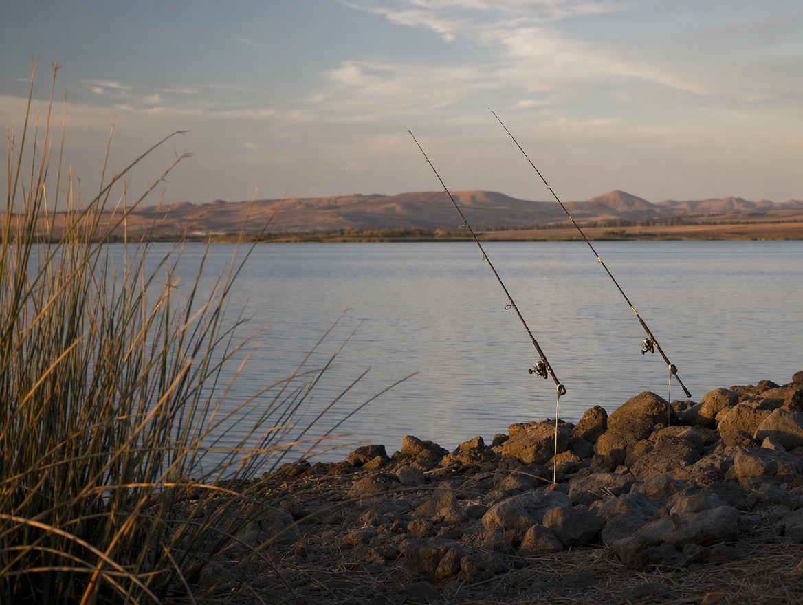 Two fishing rods in shore holders on a rocky Delta shoreline at golden hour.