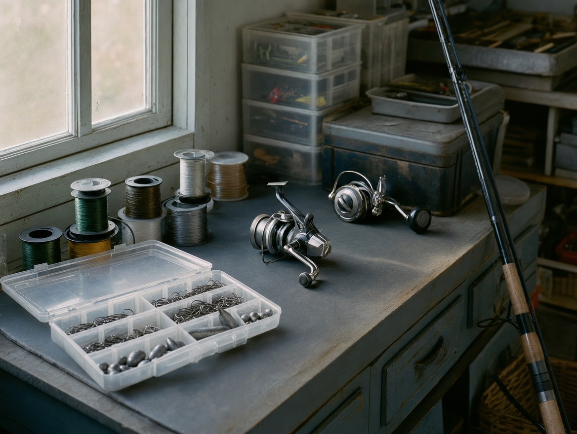 A tackle bench with spools of line, a tray of hooks and sinkers, two reels and a rod.
